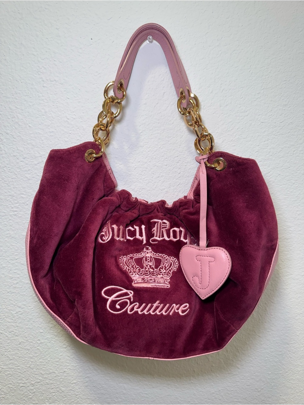 Vintage Juicy Couture Burgundy Velvet Shoulder Bag with Pink Trim